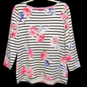Joules Harbour Print Long Sleeve Top Navy Blue White Stripe Floral Size US 10